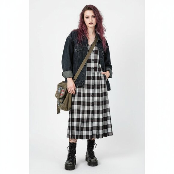 Vintage Susan Bristol Plaid Fringe Sleeveless Maxi Dress 8 Grunge Dark Academia - Picture 1 of 13